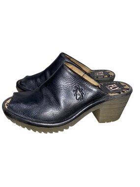Fly London Black Leather Peep Toe Mules Women’s Size 35 With Embossed Fly Logo
